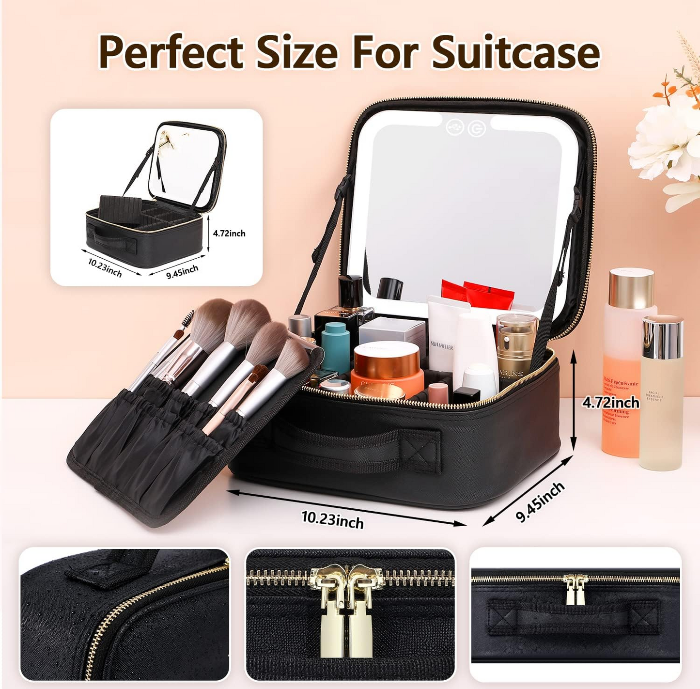 Travel Makeup Bag with LED Lighted Make up Case with Mirror